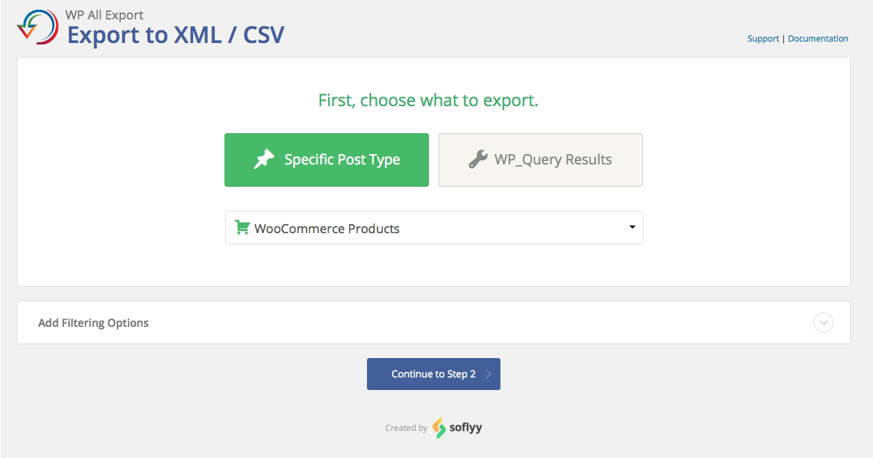 WordPress export interface showing options to export specific post types or WP_Query results, focused on WooCommerce products