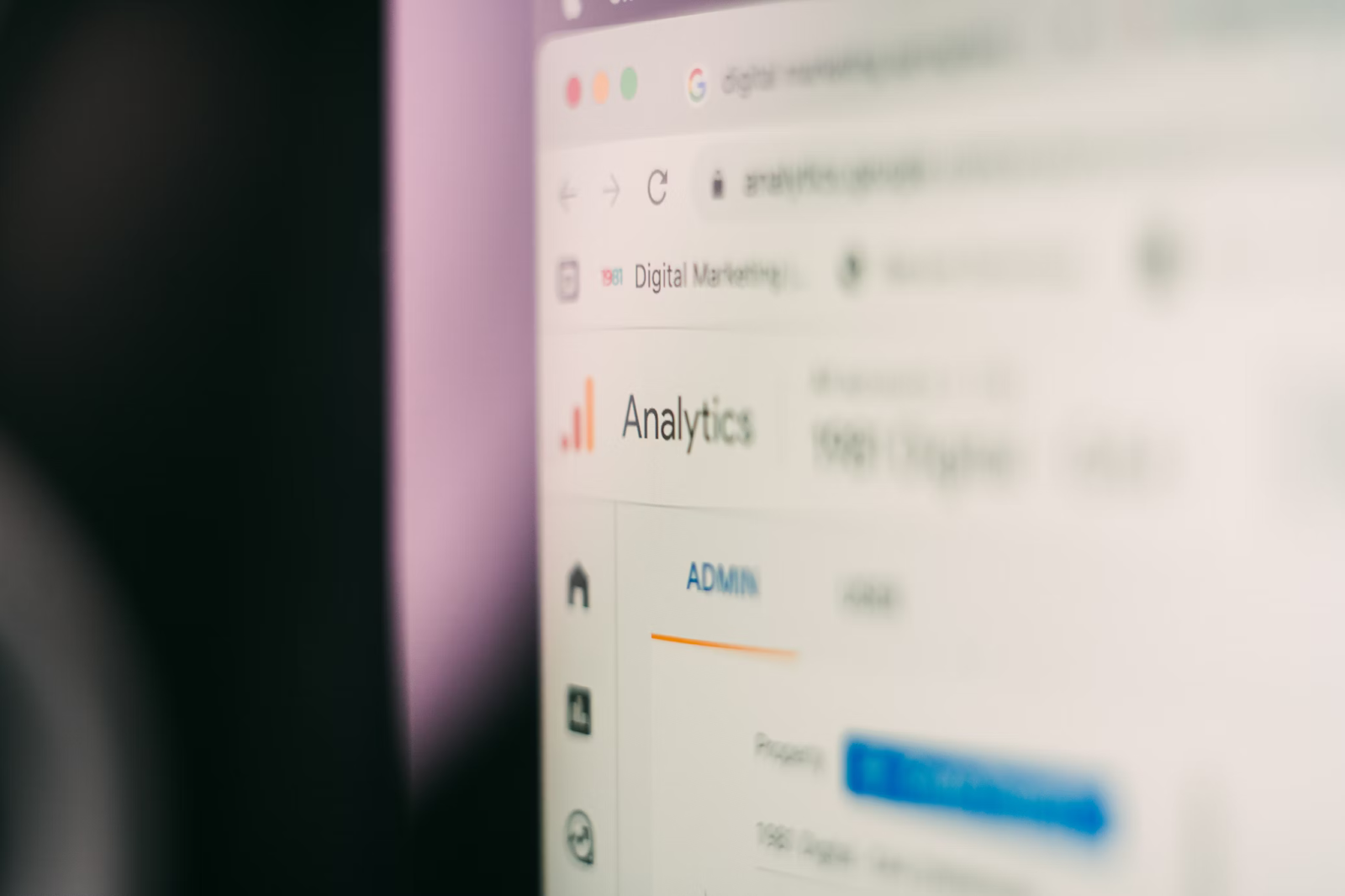 Close-up of web analytics dashboard showing 'Digital Marketing' and 'Analytics' sections with admin interface visible.