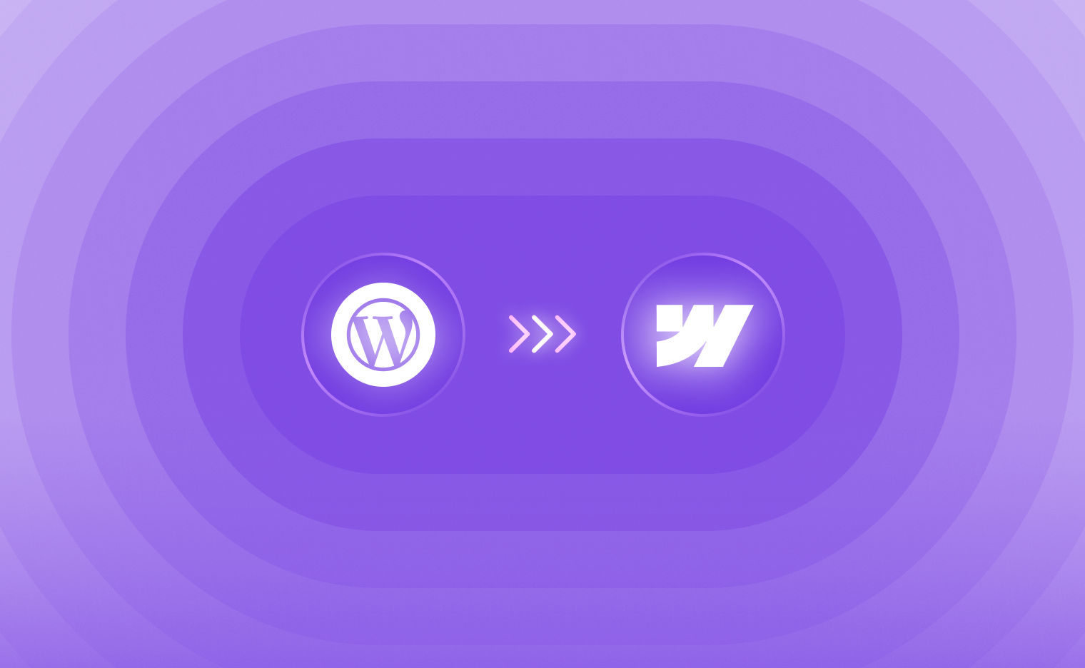 WordPress logo transitioning to Webflow logo on purple gradient background with concentric oval shapes.