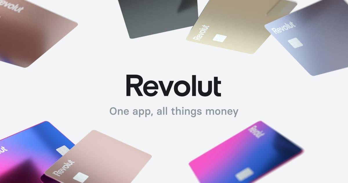 Revolut app marketing banner showing digital cards and tagline "One app, all things money."