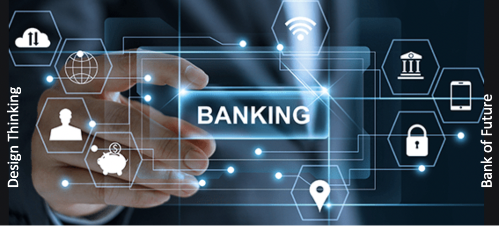 Futuristic banking interface showing icons like cloud, mobile, AI, and security representing digital transformation.