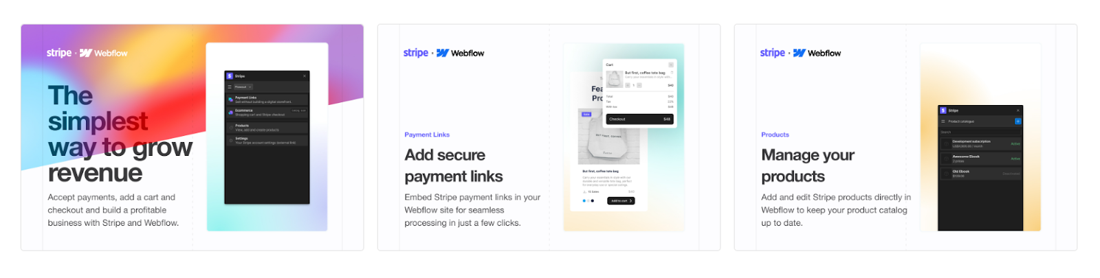 Webflow overview section with Stripe payment integration examples.