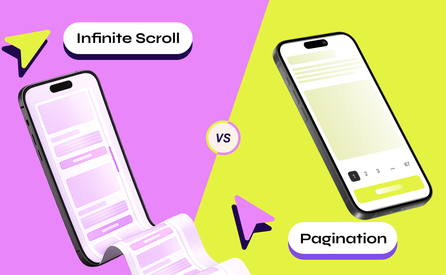 Split-screen thumbnail showing a mobile infinite scroll feed vs pagination interface, with “vs” in the center.