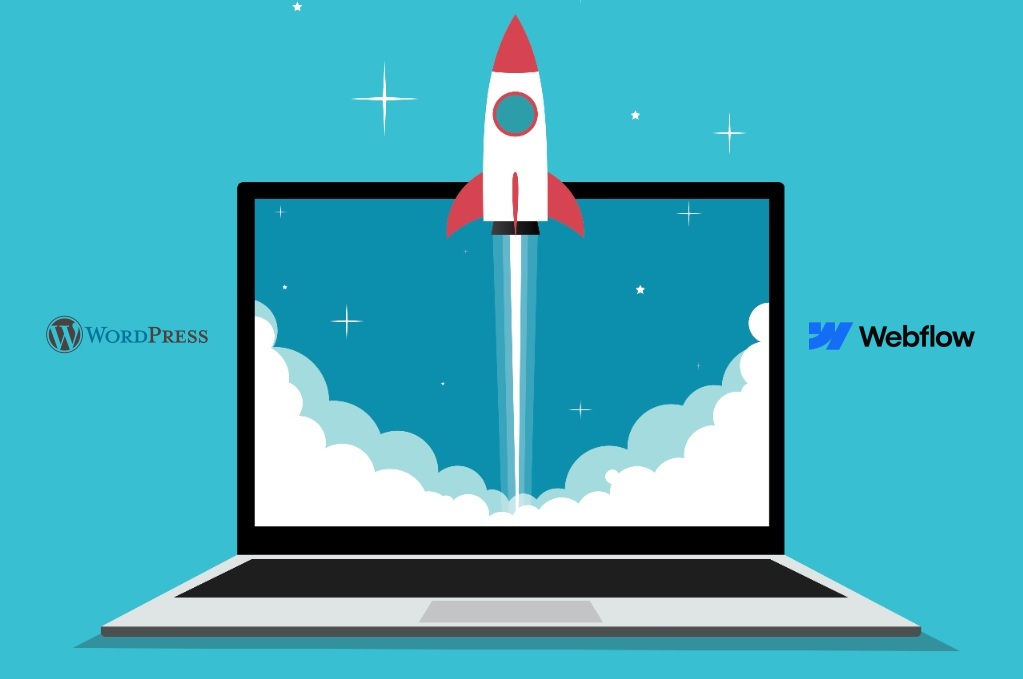 Webflow vs WordPress website launch illustration showing faster development and performance