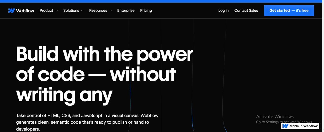 Webflow visual builder interface showing no code website development and clean semantic code