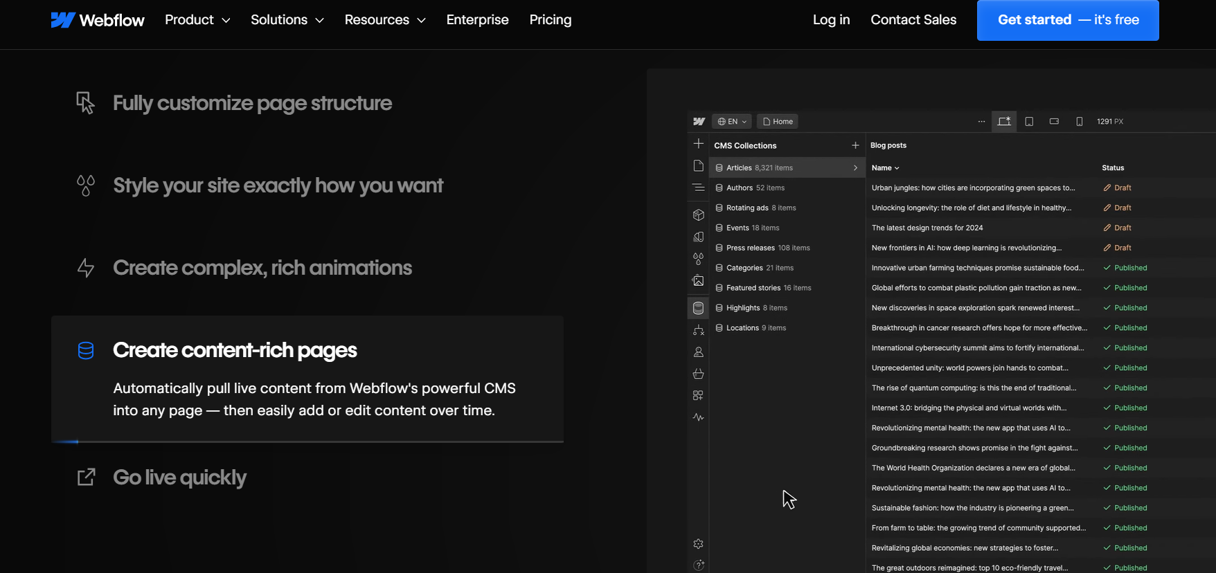 Webflow CMS dashboard interface showing collections and blog posts inside the Webflow designer