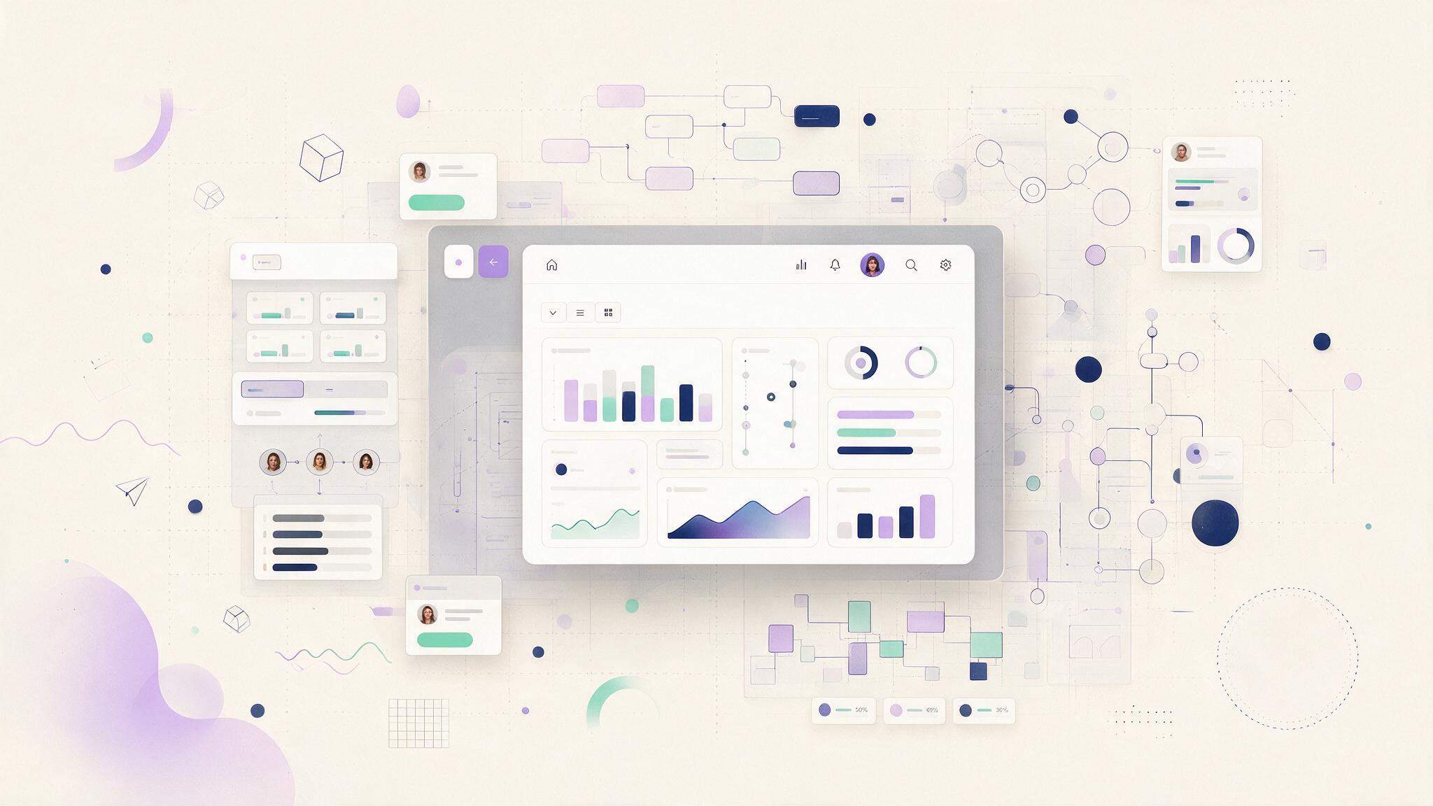 Illustration showing UX flow diagrams and cards converging into a polished SaaS dashboard interface