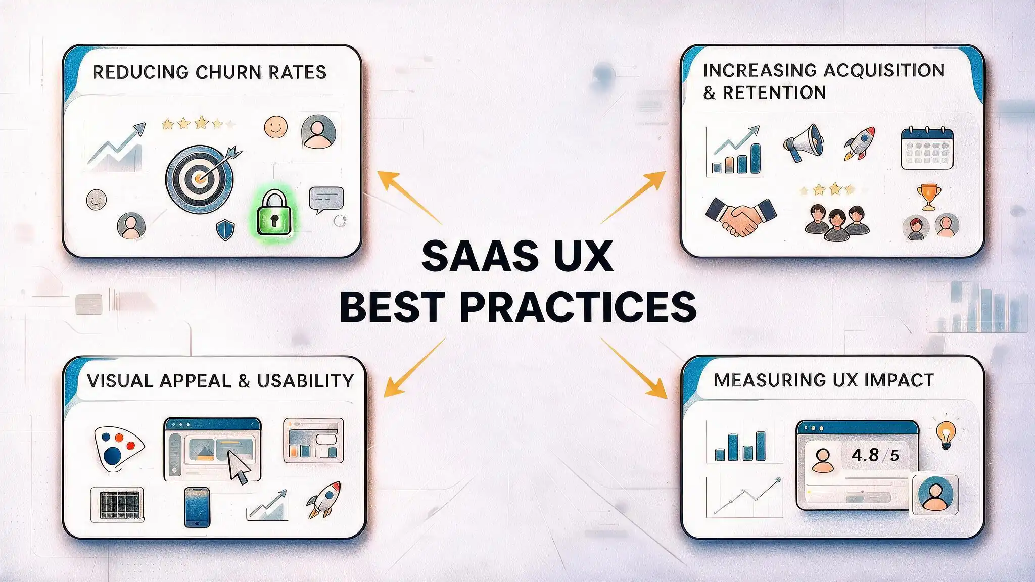 Diagram of SaaS UX best practices: reducing churn, boosting acquisition, usability, and measuring UX impact