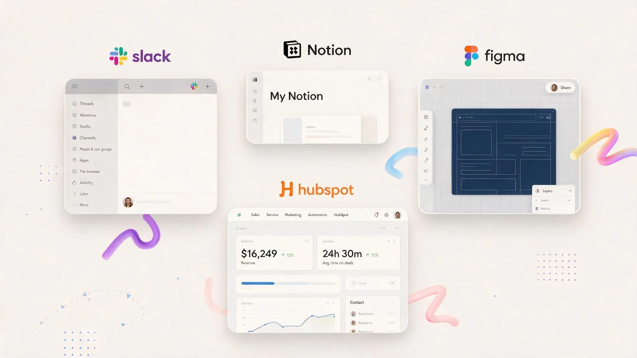 Interface previews of Slack, Notion, Figma, and HubSpot showcasing SaaS UX design examples