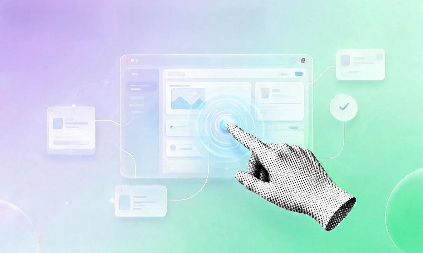 Hand interacting with a product design dashboard surrounded by connected UI components on a purple-green gradient background