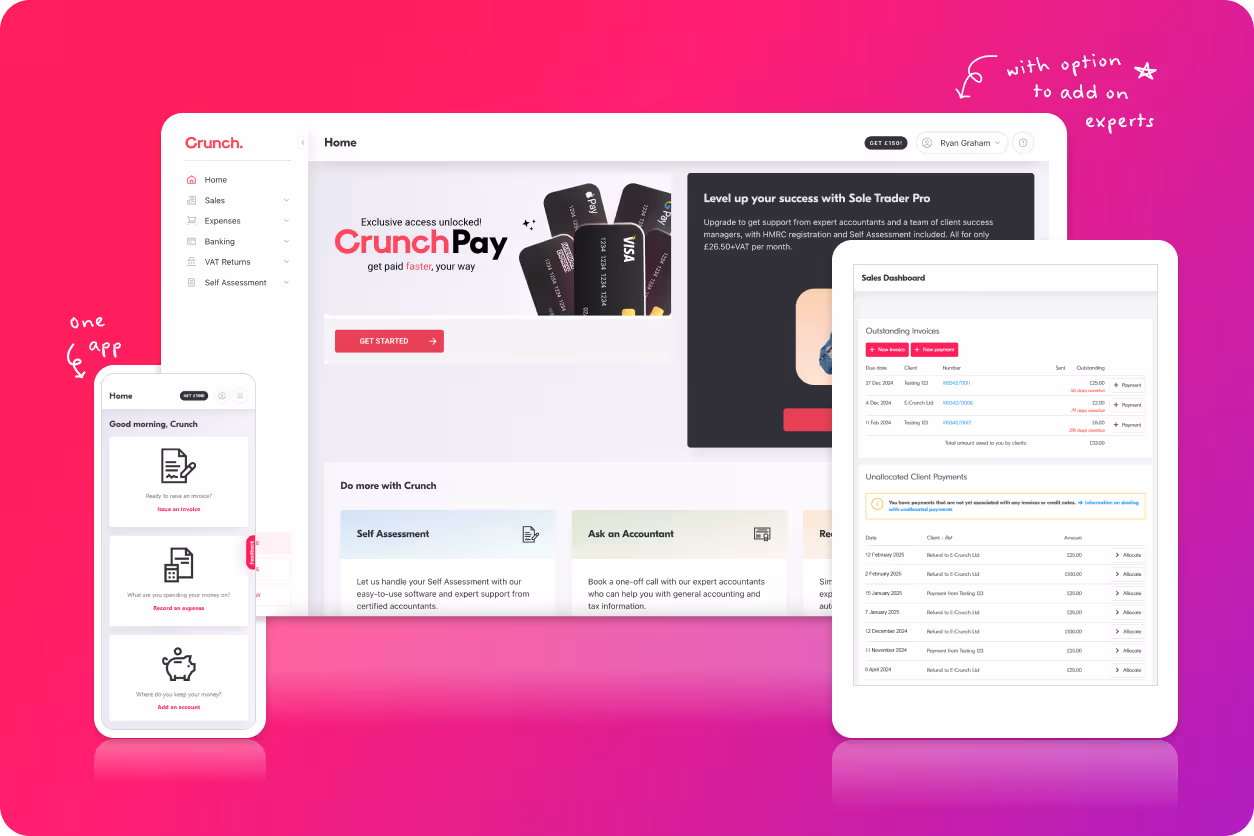 Product shots of Crunch Software on mobile, tablet and desktop