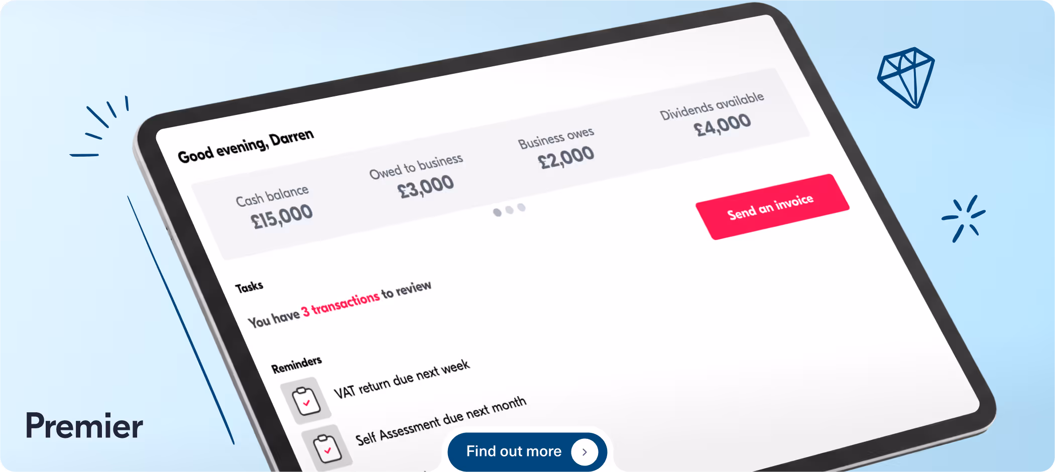 Image of a tablet with crunch software and a button with text: find out more