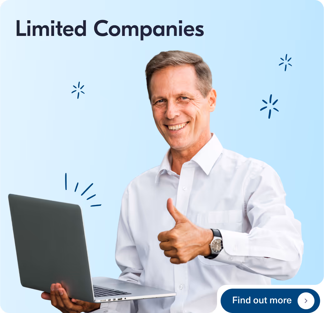 Limited Compaines, image of a man with a laptop and a button with text: find out more