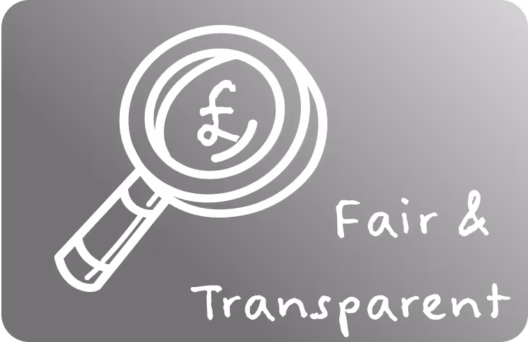 Graphic of a magnifying glass with text: fair and transparent