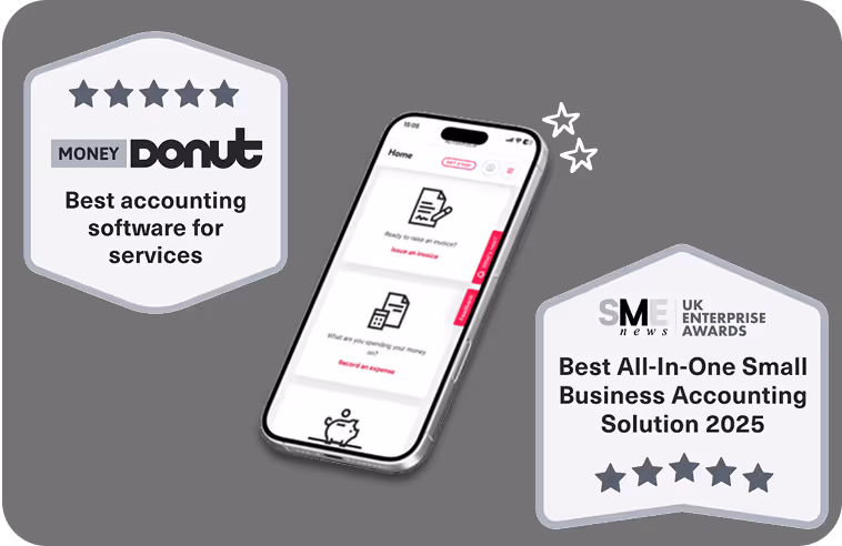 Image of Crunch on a smart phone with 2 award badges - Best accounting software for services & Best all in one small accounting solution 2025.