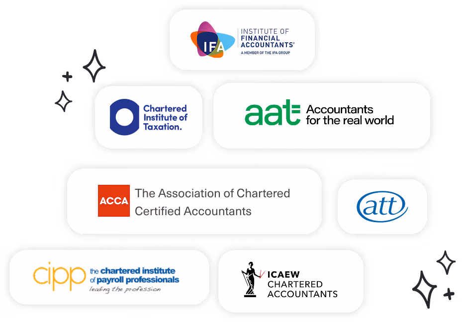 Logos of accounting organizations including IFA, Chartered Institute of Taxation, AAT, ACCA, ATT, CIPP, and ICAEW.