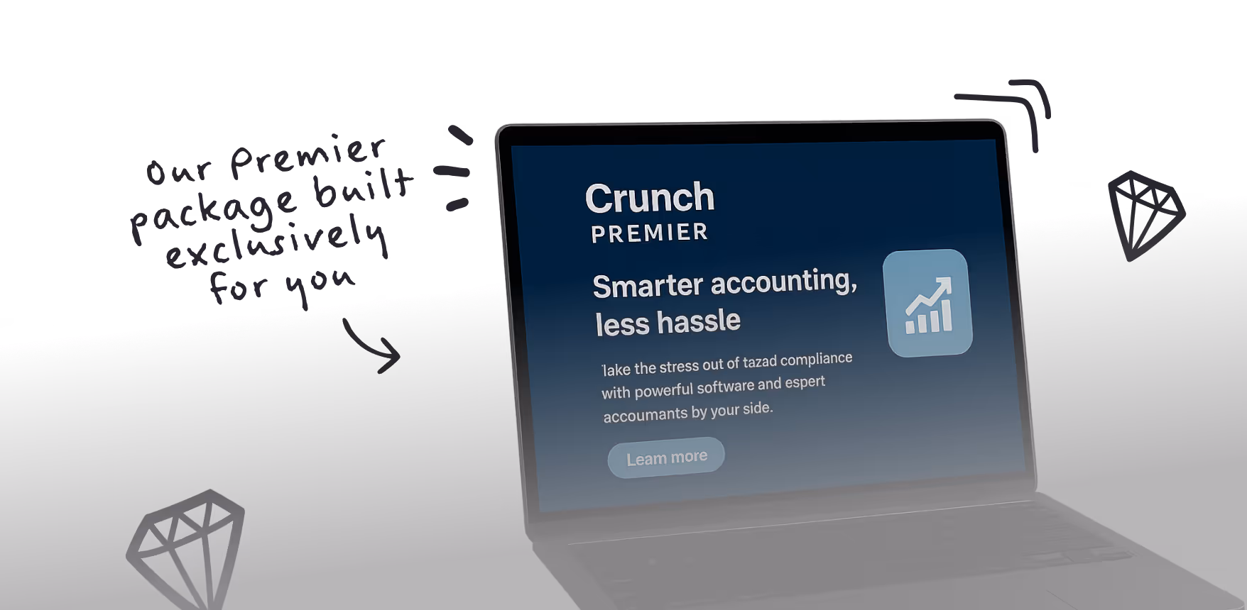 Laptop screen displaying Crunch Premier accounting software with tagline Smarter accounting, less hassle.