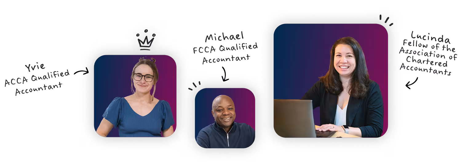 Portraits of Yvie, Michael, and Lucinda with their accounting qualifications listed beside them.
