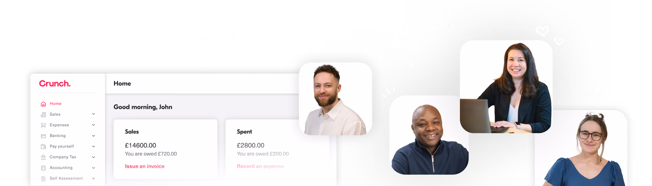 Dashboard of Crunch accounting software showing sales and expenses with portraits of four smiling people.