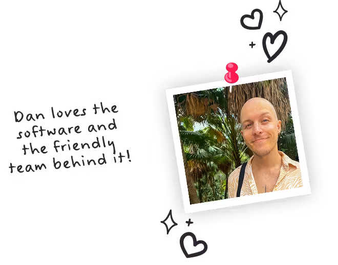 Photo of a man with text: Dan loves the software and the friendly team behind it!