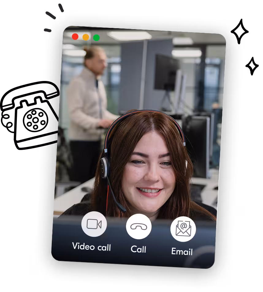 A phone popup with a friendly lady wearing a headset