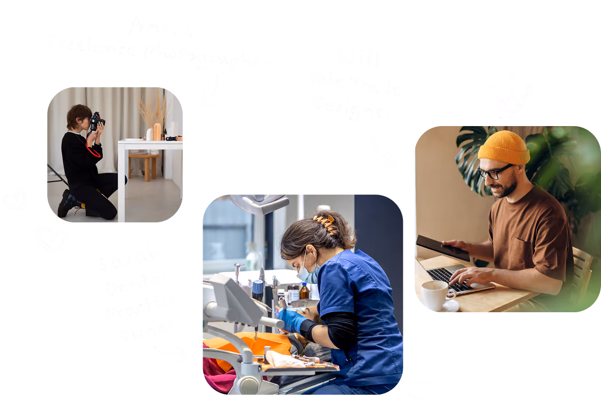 Graphic of a photographer, a designer and a dentist all at work.