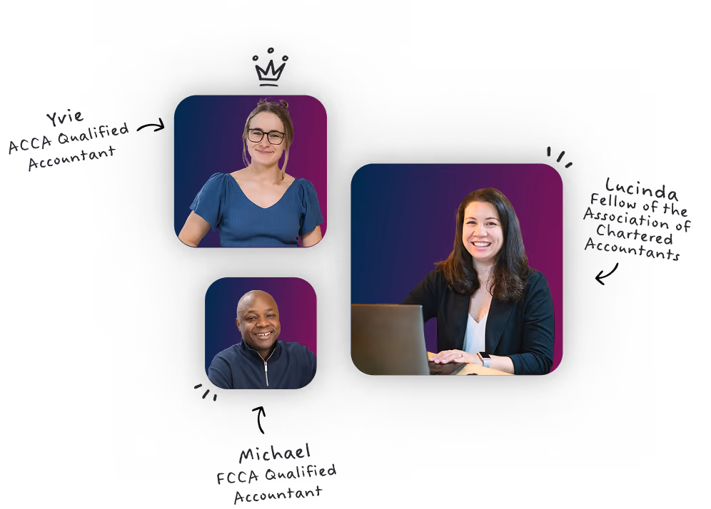 Three smiling accountants with casual attire, one using a laptop, on white backgrounds with doodles.