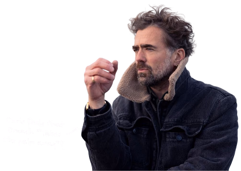 Image of a man staring into the distance with text: Chris feels that Crunch “Takes the pain away”!