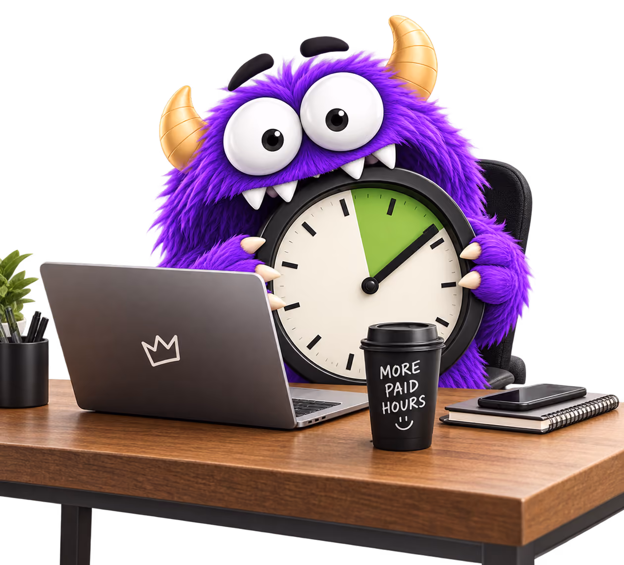 Image of the Crunch monster at a desk