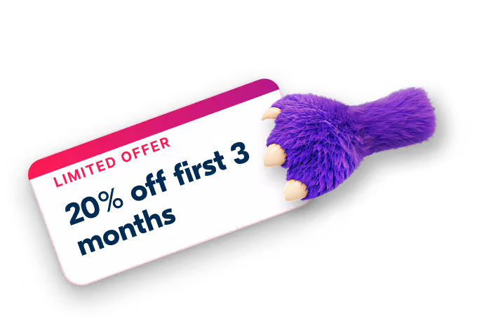 The crunch monsters arm holding a sign "Limited offer; 20% off first 3 months"