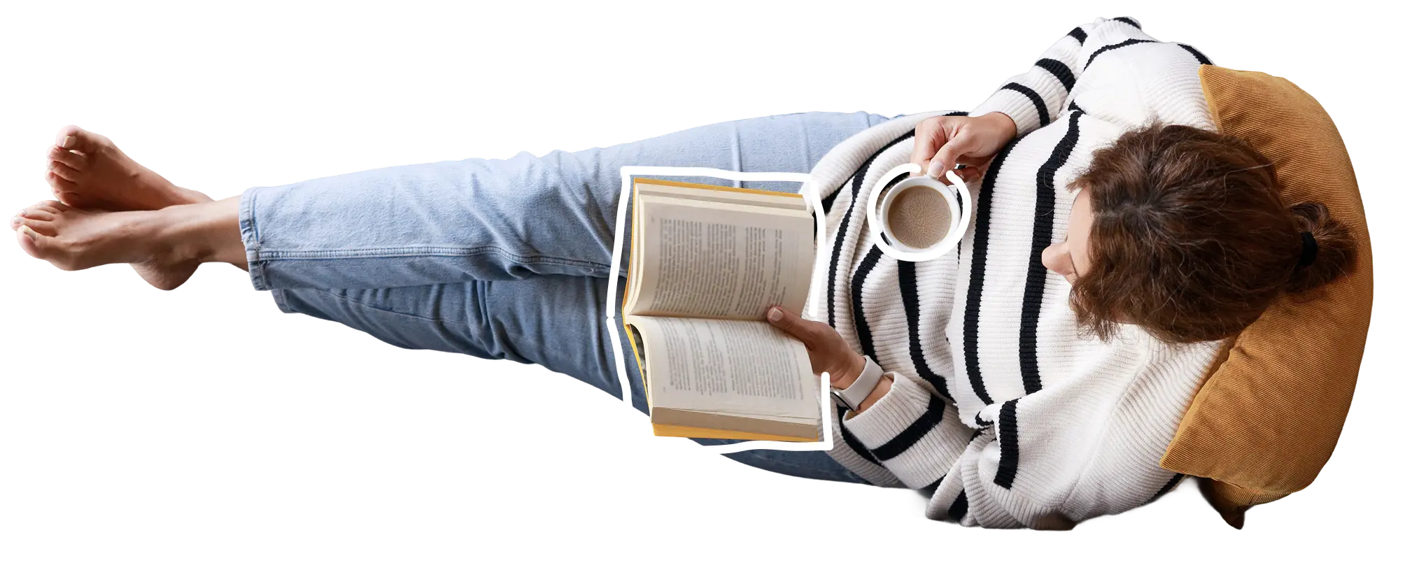 Person lying on a pillow reading a book while holding a cup of coffee. With text: "Put your feet up whilst we take care of your tax!"