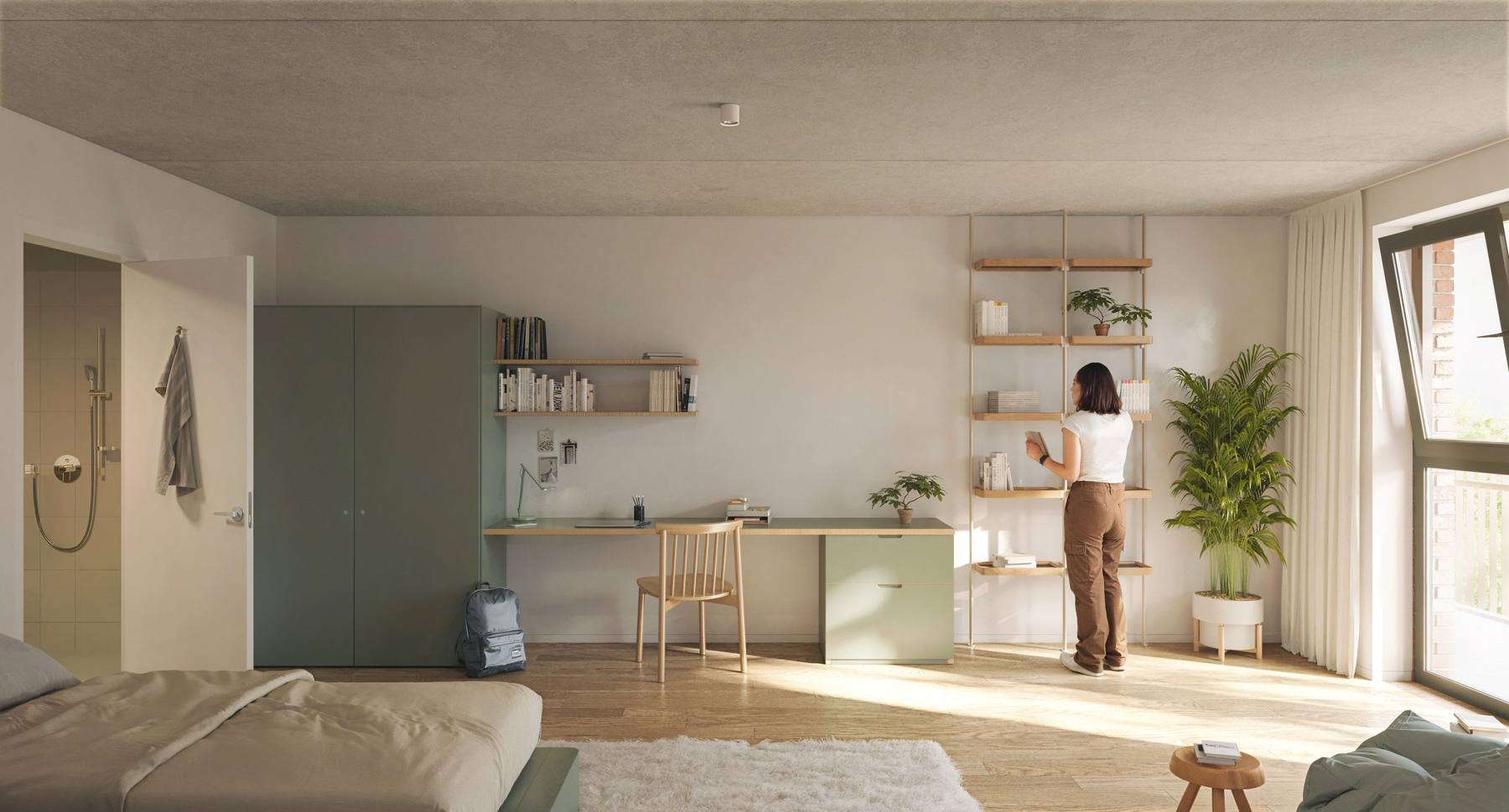 Chambre d'étudiant lumineuse avec bureau, rangements et grande fenêtre