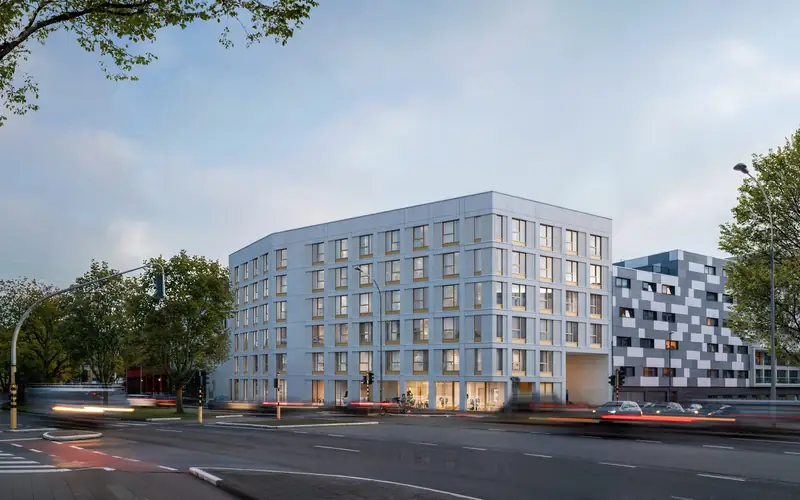 Visualisatie van Pulse 9000, studentenresidentie op een straathoek in Gent, bij valavond