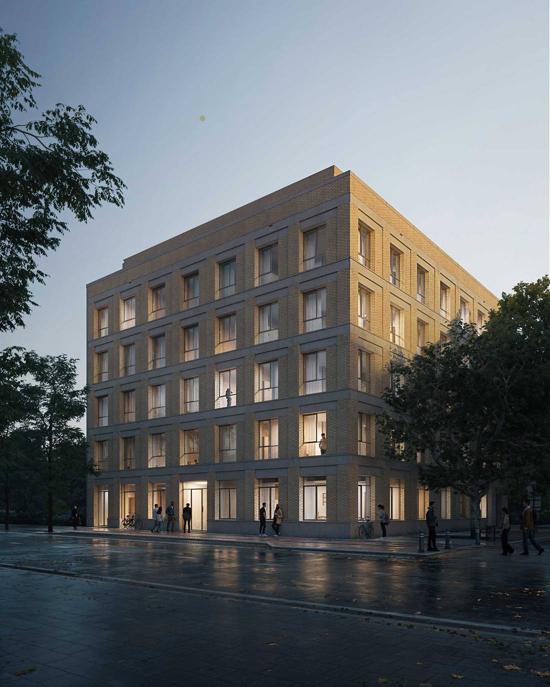 Façade de la résidence étudiante Tondo à Gand au crépuscule, fenêtres éclairées et étudiants sur la place