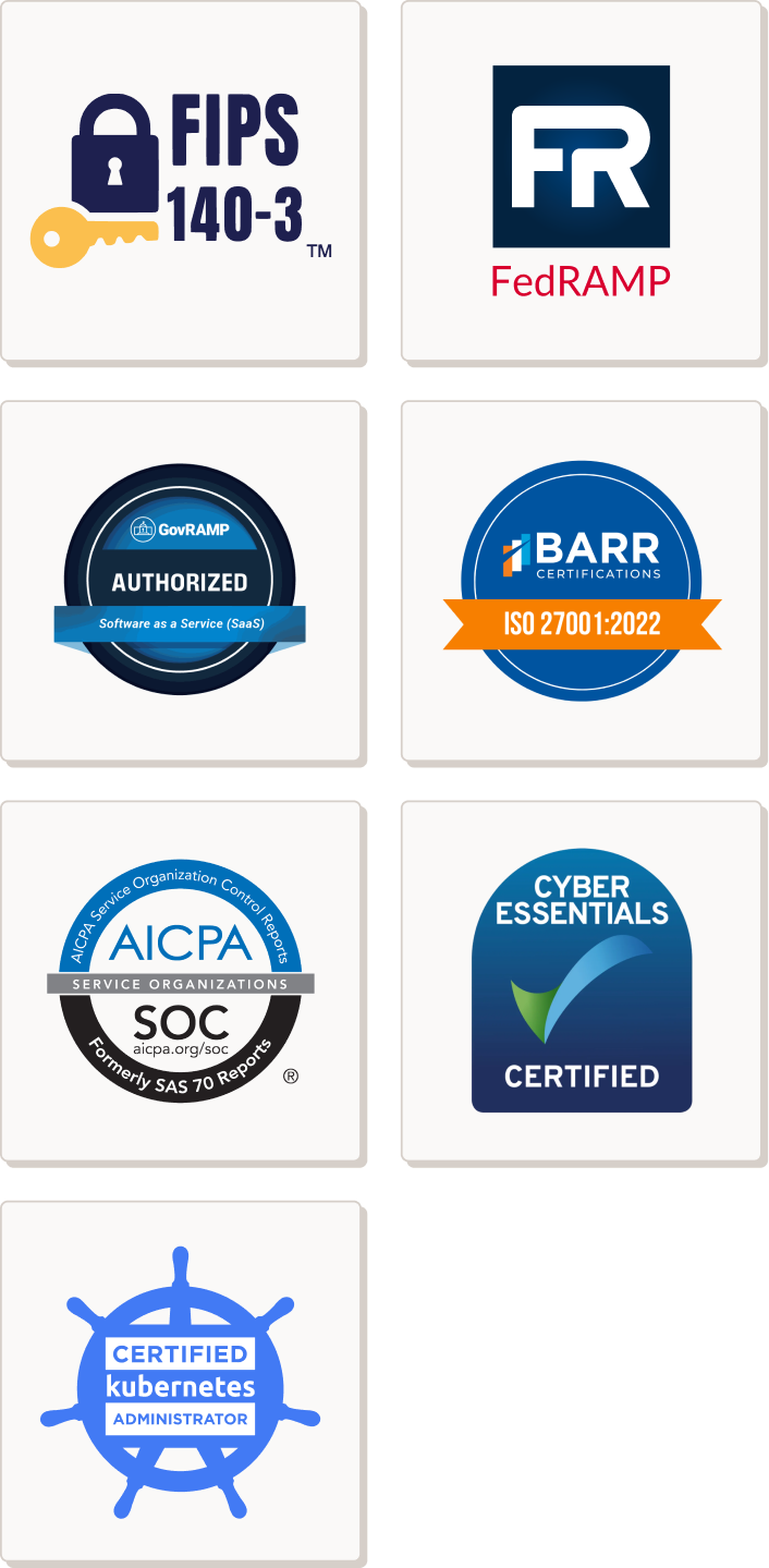Spectro Cloud security certifications: FIPS 140-3, FedRAMP, GovRAMP Authorized, ISO 27001, SOC 2 Type 2, Cyber Essentials Plus and Certified Kubernetes Administrator