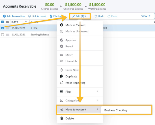 When the invoice is paid, move the transaction from Accounts Receivable to your receiving budget account.