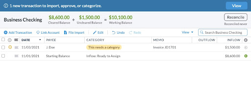 Categorize the funds to the “Ready to Assign” category so you can give your dollars business-related jobs.