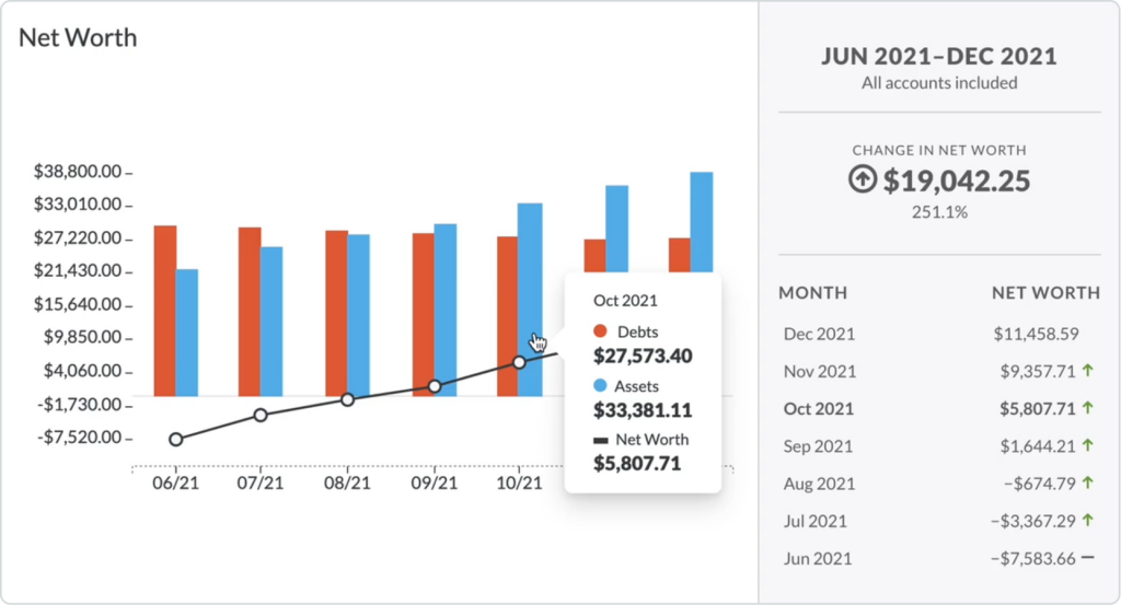 Net worth report (red shows debt, blue shows debt)