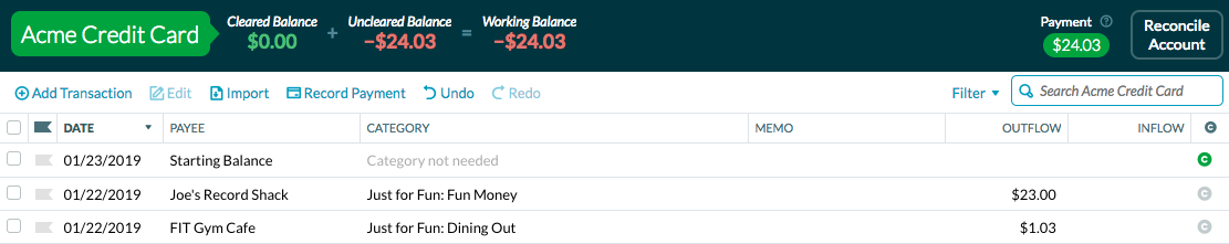 Credit Card account register in YNAB