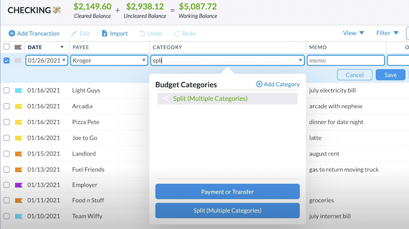 Quit clicking and simply type the word "split" to split transactions more easily. 