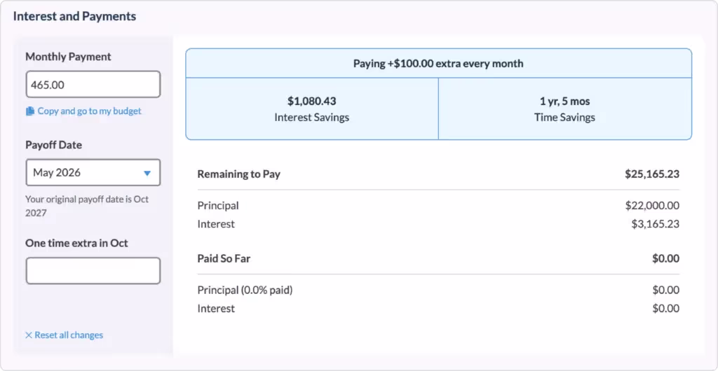 A screenshot of YNAB's loan planner which shows you how much time or money you could shave off of the life of a loan by making extra payments.