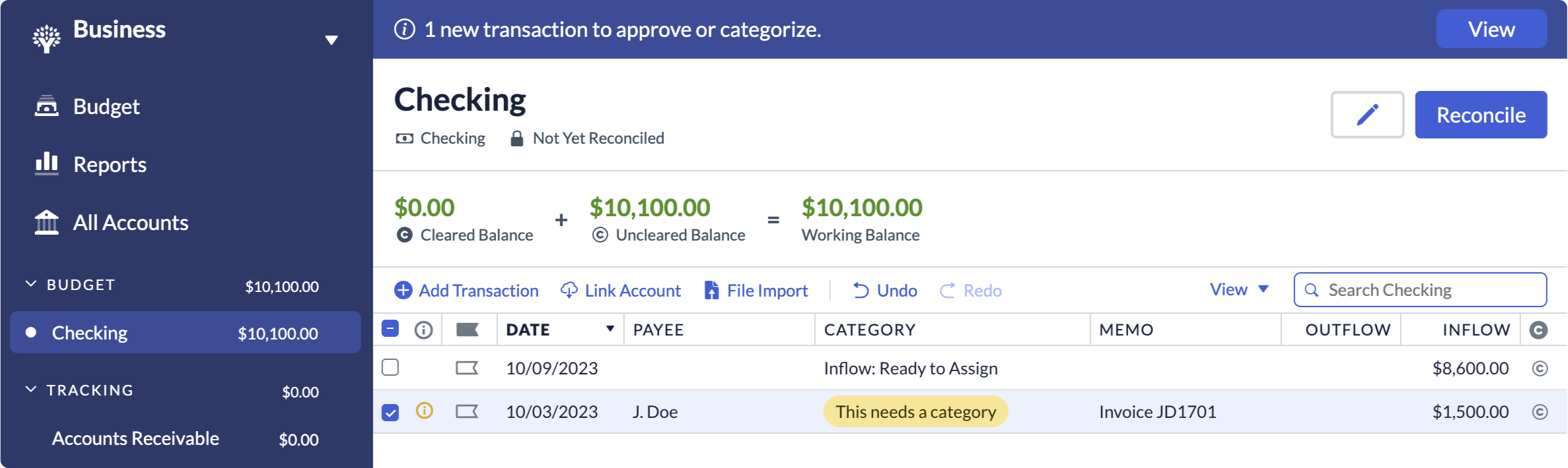 YNAB screenshot showing an inflow that needs to be categorized as Ready to Assign