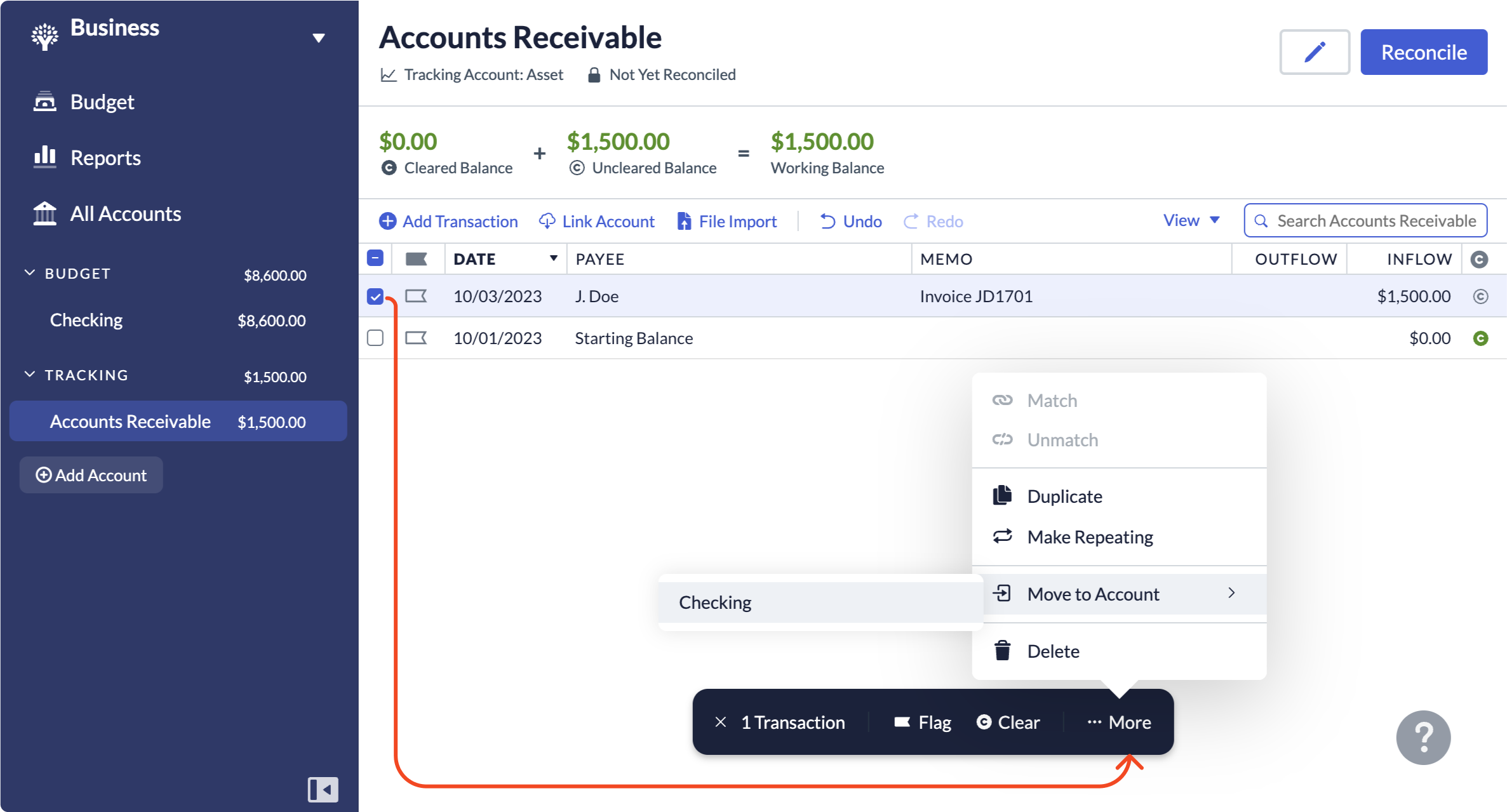 A YNAB business account showing how to check the Payee and select the more button to Move to Checking Account