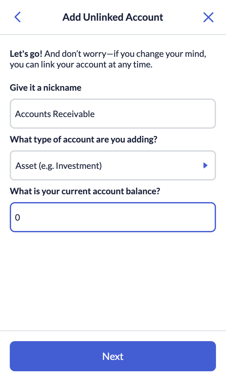 A YNAB screenshot showing how to add an unlinked account