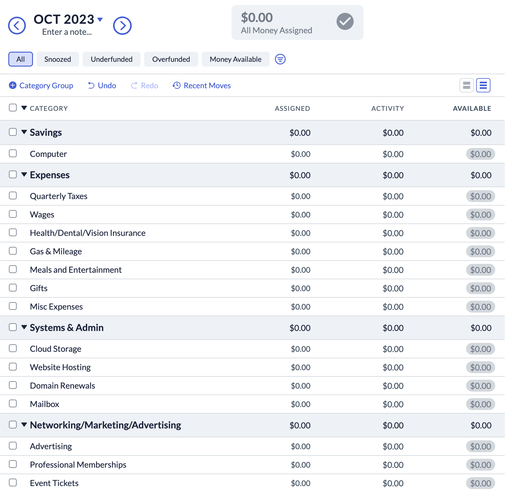 A budget screenshot showing different category groups