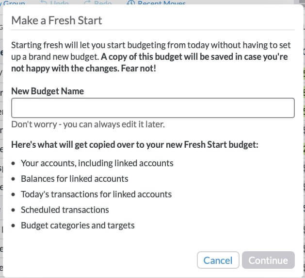 A screenshot of an in-app message that explains that a fresh start will save your old budget and showing what info is transferred to the new budget. 