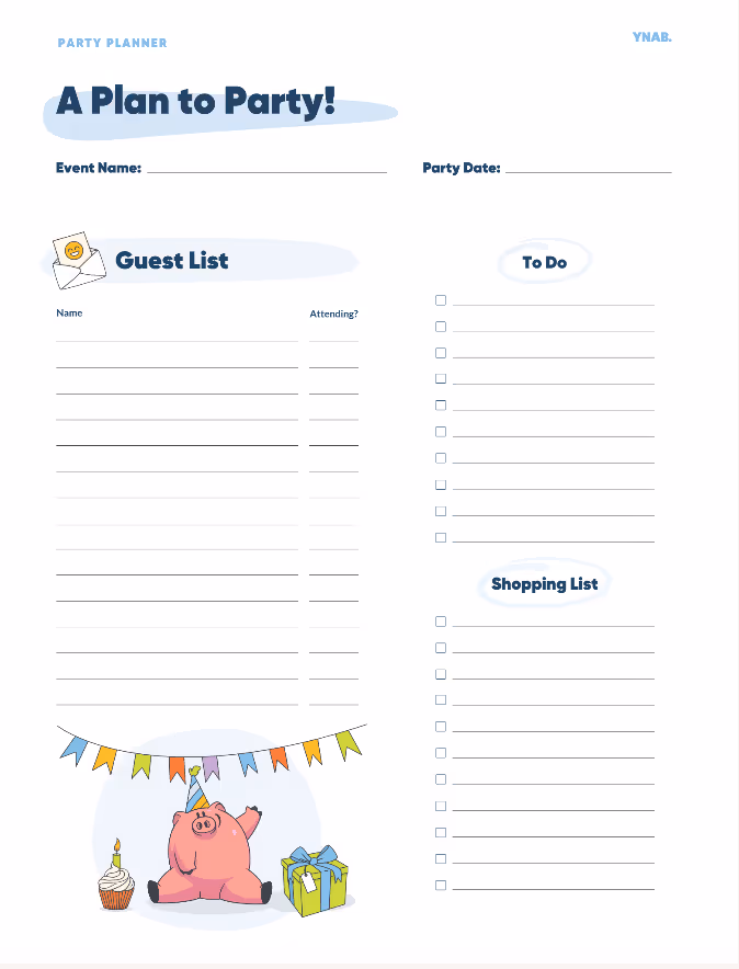 Printable Party Planning template page two has a section for a guest list, a to do list and a shopping list.