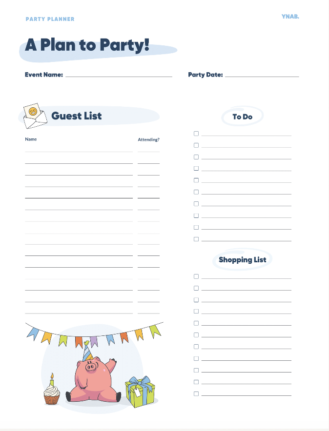 Printable Party Planning template page two has a section for a guest list, a to do list and a shopping list. 