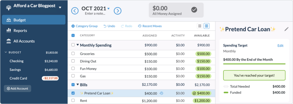 Add a hypothetical car loan to your budget (shown here in YNAB's budgeting software)