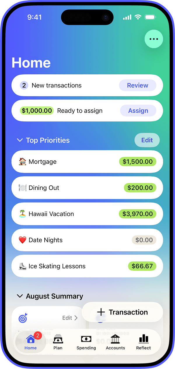 Image showing the YNAB app home screen on a mobile phone